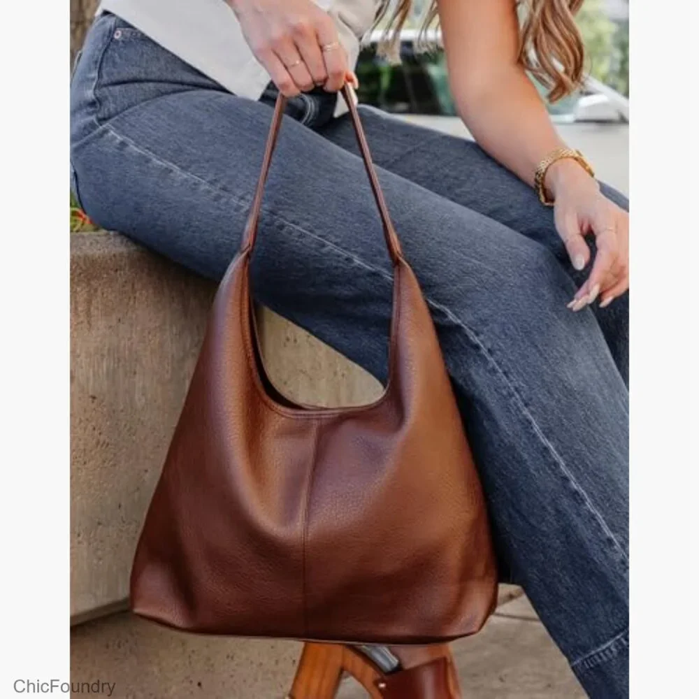 Large Vegan Leather Hobo Bag with Zippered Compartments and Shoulder Strap